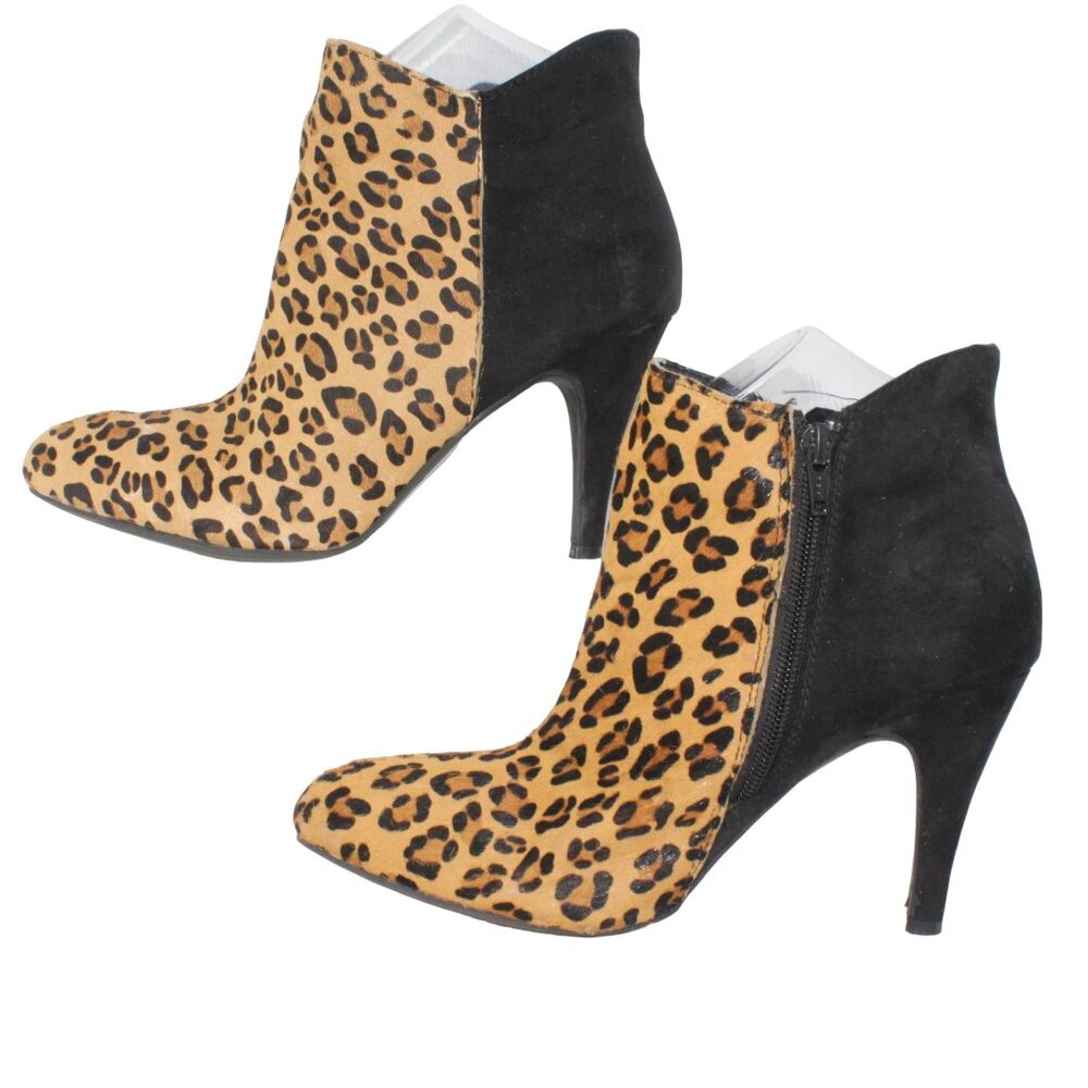 Express Sz 9M Cheetah Print Calf Hair Black Faux Suede Zip Ankle Heeled Booties - Picture 7 of 10
